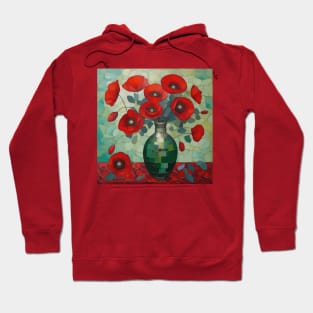 Red Poppies and Eucalyptus Leaves in a Geometric Green Vase Hoodie